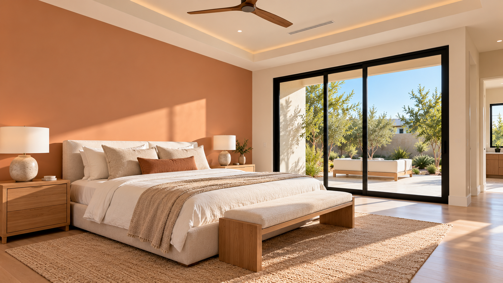 Bedroom with a hand-painted terracotta accent wall